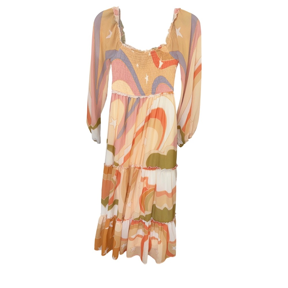 Womens Aura The Label Smocked Tiered  Dress Bohemian Earthy Maxi size XS Lined‎